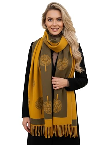 Cashmere Tree Life BlanketScarf - Reversible Pashmina Shawl, Winter Warm Scarf, Large Wrap, Tree of Life Print Ladies Scarves, Long Wraps, Women's Gift (3: Yellow)