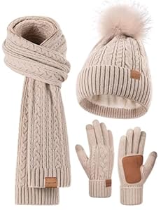 FISFET Mütze, Schal & Handschuh-Sets für Damen, Beanie Mütze Damen Winter mit Bommel Fleece Gefütterte, Touchscreen Handschuhe Schal Wärmer Cap 3 in 1 Set(Haferflocken)