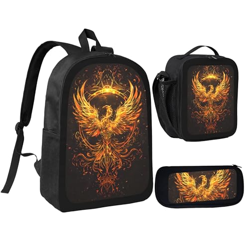 Golden Animal Phoenix Circle Large 3-Piece Backpack Set with Insulated Lunch Box & Pencil Case Waterproof 17 Inches Backpacks Bag Back Packs Pencil Pouch Lunch Bag for Men Women 3 Pcs (Black)