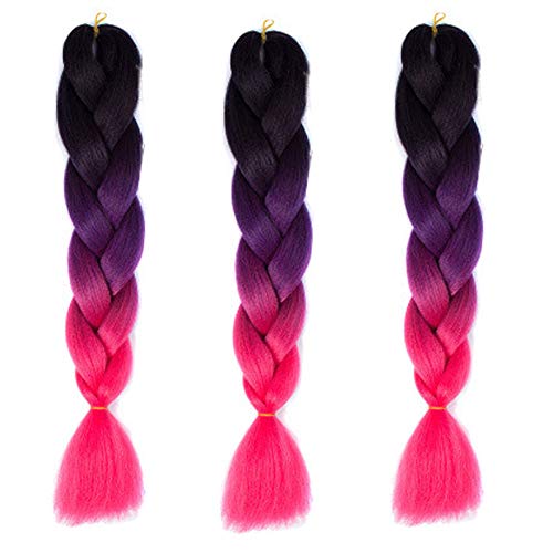 Feibin 全30色 ウィッグ エクステンション 3本セット ブレイズ 編み込み グラデーション 三つ編み ヘアアクセサリー 盛りアップ つけウィッグ かつら 毛束 ウィッグ つけ毛 ヘアアクササリー ヒップ ホップ レゲエ ダンス ヘアアレンジ(51#ローズ)