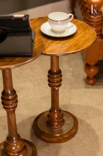 Image of Little eXtra Handcrafted Solid Wood Round Side Table with Brass Base | Wooden Accent Table for Living Room, Bedroom & Sofa Corner | Wood End Table