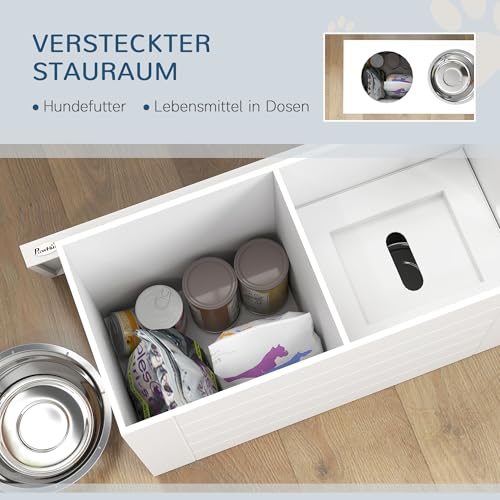 PawHut 2-in-1 Erhöhter Hundenapf Höhenverstellbar Futternapf mit Ständer Stauraum 2 x 2L Edelstahlnäpfen Langsamfuttermatte Fressnapf Futterstation Hundenäpfe für Große Hunde Katzen Weiß