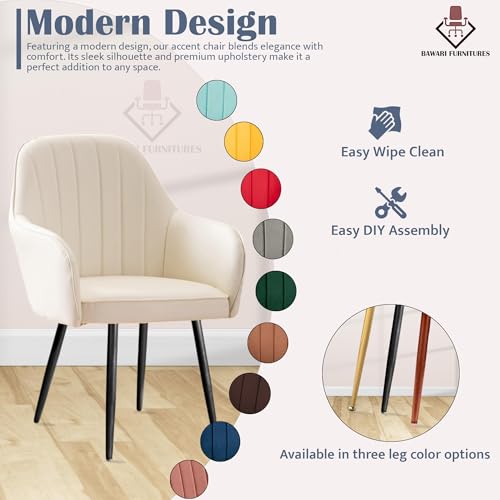 Image of Plush Dining Chair | Accent Chair for Living Room Bedroom Restuarant | Velvet Fabric & Thick Cushion Seat with Sturdy Glossy Metal Legs (Black Legs, White)