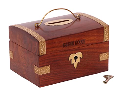 SHAPAR GOODS® Wooden Mini Sandook Money Bank | Wooden Mini Sandook Coin Box | Handcrafted with Beautiful Brass Work | Money Bank for Kids | Size: 13 X 9 X 8 Cm (B096ZG9TZH) Amazon Price History, Amazon Price Tracker