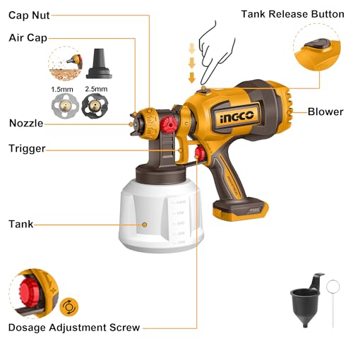 Image of INGCO 20V Cordless Spray Gun 120Din-s, 800ml / min, Cleaning & Blowing Joints, Electric Fence Paint Gun for Fencing and Decking, with 1Pcs 2.0Ah Battery and 1Pcs Charger CSGLI20042