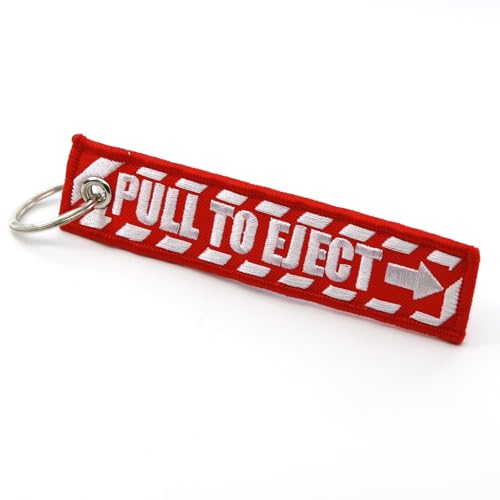 Image of PULL TO EJECT Key Chain - Red with White embroidered letters - Quantity = 1