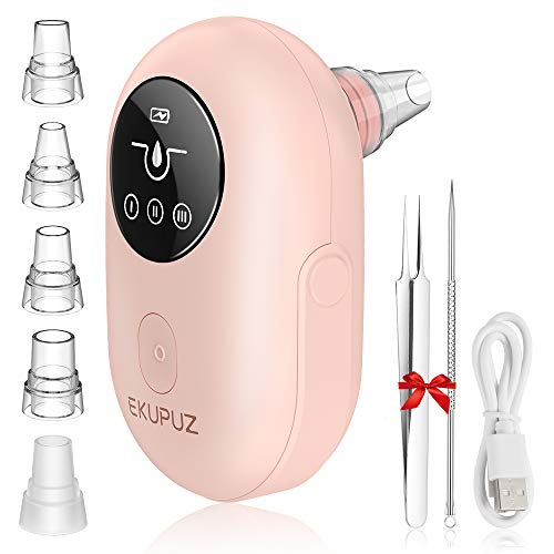 EKUPUZ Limpador de poros, extrator de pontos negros, limpador de poros facial, recarregável com ecrã LED, 5 cabeças e 3 velocidades para remoção de espinhas e acne