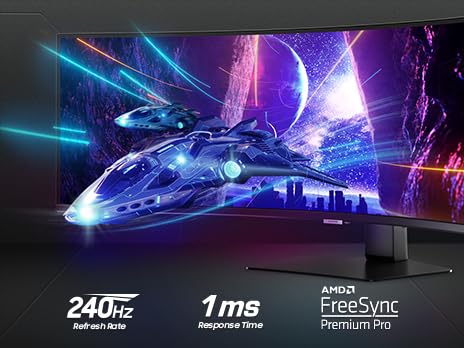 Samsung Ecran PC Odyssey G9 49’’ 240Hz, 1ms, Dalle VA Incurvée 1000R, Résolution DWQHD : 5120 x 1440, 2500:1, AMD FreeSync Premium Pro, Auto Source Switch +, Pied Ajustable, DisplayPort,LS49CG954EUXEN