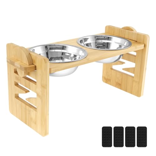 Elevated Dog Bowls Adjustable Raised Dog Bowl Stand Wood Dog Food Bowl Stand with 2 Stainless Steel Bowls Pet Bowl Stand for Different Size of Cats and Dogs