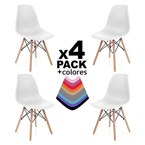 duehome (Nordik - Pack 4 sillas Color Blanco, Silla réplica Blanca y Madera de Haya, Medidas: 47 cm Ancho x 56 cm Fondo x 81 cm Altura
