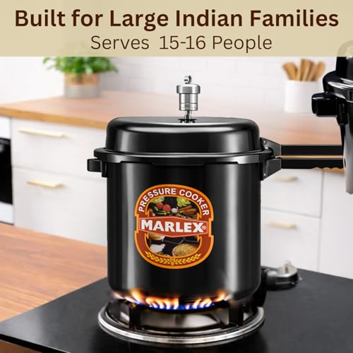 Image of Marlex 13.5 Litres Hard Anodised Pressure Cooker - 5 Year Warranty ISI Certified - Gas Stovetop Compatible - Ideal for Large Family, Commercial Kitchen, Corrosion-Resistant Durable Black Cooker
