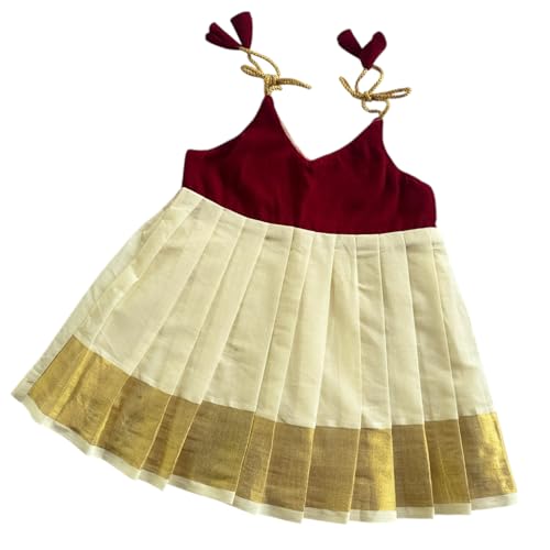 Picksparrow Newborn Baby Girl Kasavu Dress/Kerala Kasavu Traditional Frock/Onam-Vishu Dress (Velvet, Shoulder-Knot)