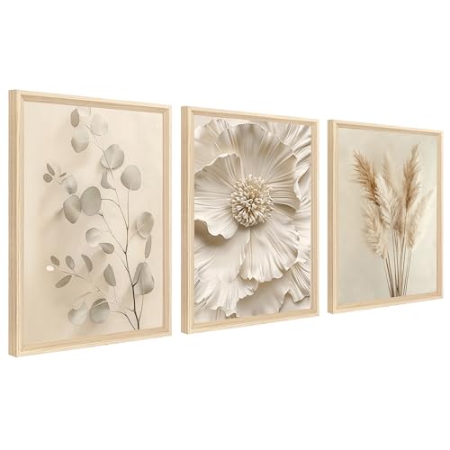 3Pcs Cadre en bois Impression sur Toile Fleur Beige Herbe de la Pampa Tableau Peinture Feuille D'eucalyptus Crème Tableau Decoration Murale Salon Chambre...