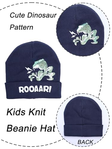 Image of Kid Winter Knit Hat Scarf Dinosaur Warm Knitting Cartoon Animal Beanie Scarf Set for Boys Girls Navy
