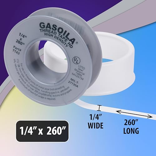 Image of Gasoila PTFE Thread Seal Tape - Professional-Grade, 1 /4 Inch x 260 Inch, High-Density Thread Tape for Plumbing, HVAC, Gas Lines, Water Pipes, and Air Compressors - Leak-Proof Seal, Non-Toxic