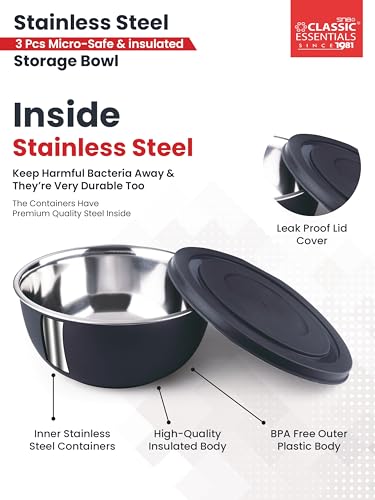 Image of CLASSIC ESSENTIALS Stainless Steel Microwave Safe Mixing Bowls Set with Lid Food Serving and Storage Containers for You Modern Kitchen (CE-MSB-3Navy Blue)