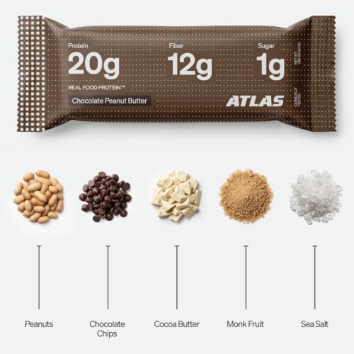 Image of Atlas Real Food High Protein Bars - 20g Protein, 12g Fiber, 1g Sugar, Clean Ingredients, No Added Sugar, No Seed Oils, No Artificial Sweeteners (Chocolate Peanut Butter, 12 Count)