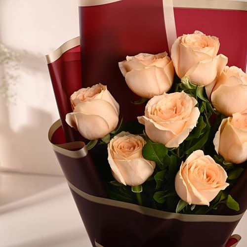 Image of FlowerAura Premium Fresh Live Flower Bouquet of 8 Peach Roses In Designer Paper Gift For Birthday | Anniversary | Love | Home Decor | Fathers Day Gift For Dad (Same Day Delivery)