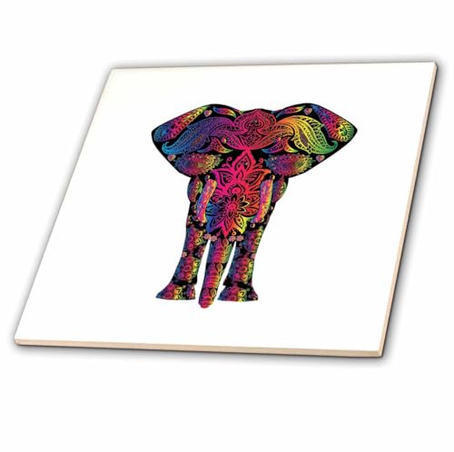 8 Inch Ceramic Tile - Fantasy Colorful Floral Mandala Animal Elephant Africa Watercolor Illustration Animal