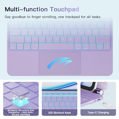 Image of RAYMCRAFT for iPad Air 13-inch Case with Keyboard (M4 /M3 /M2, 2026 /2025 /2024) & iPad Pro 12.9 (6th /5th /4th /3rd) Magic Keyboard, 11-Color Backlight, Multi-Touch Trackpad with Safe Pencil Buckle, Purple