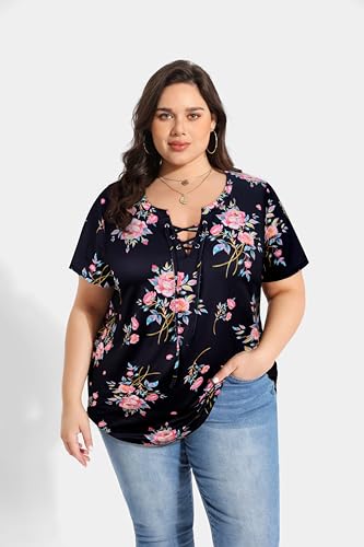 Image of CARCOS Womens Plus Size Tops Short Sleeve Shirts V Neck Tunic Floral /Tie Dye /Solid Summer Tees XL-5X