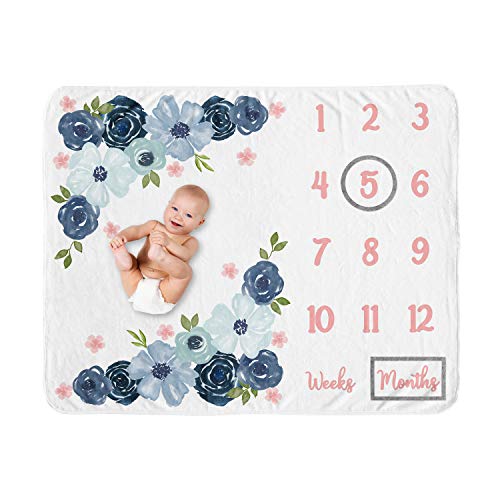Image of Sweet Jojo Designs Watercolor Floral Girl Milestone Blanket Monthly Newborn First Year Growth Mat Baby Shower Memory Keepsake Gift Picture - Navy Blue and Blush Pink Boho Shabby Chic Rose Flower