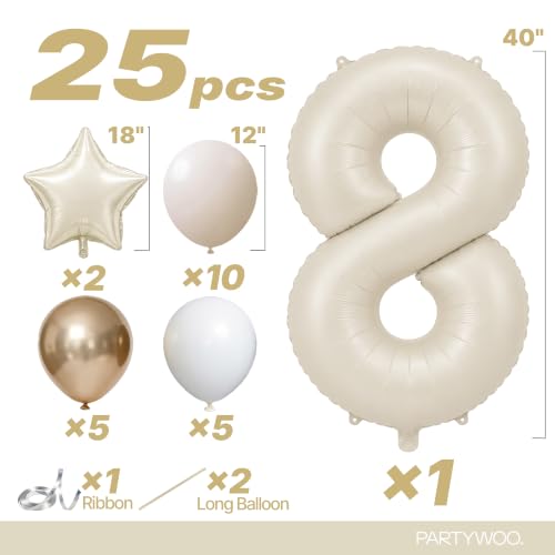 Image of PartyWoo Beige Number 8 Balloon 40 Inch 25pcs White Sand Foil Star Gold