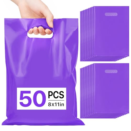 ANZNKU 50 PCS Purple Party Favor Bags Goodie Bag for Candy Treat Jewelry Craft Plastic Gift Bags with Die Cut Handles for Birthday School Events & Small Business Halloween Easter Gifts(8x11 inch)