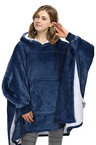 Poncho Wearable Blanket, Warm Presents For Women, Oversized Hoodie Blanket, Soft Comfortable Giant Hoody, Dark Blue