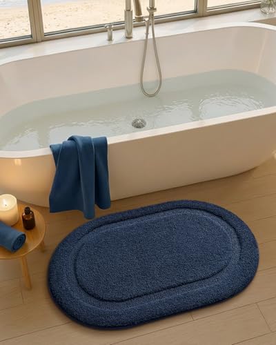 Image of Color&Geometry Oval Blue Bathroom Rugs 36x24, Extra Soft Absorbent Microfiber Bath Rugs, Non-Slip Bathroom mat, Washable Plush Bath Mats for Bathroom, Shower, Bathtub, Laundry, Blue