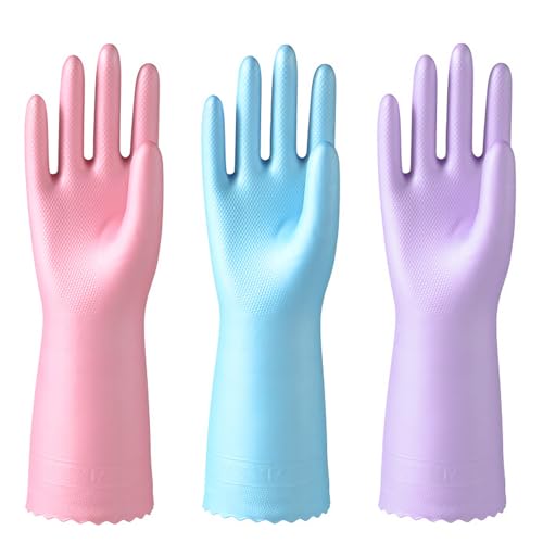 Makoto Nobu 3 Pairs Cleaning Gloves, Cleaning Glove with Cotton Lining, Reusable Washing up Gloves Latex Free, Non-Slip and Waterproof, for Kitchen,Laundry, Gardening (Medium)