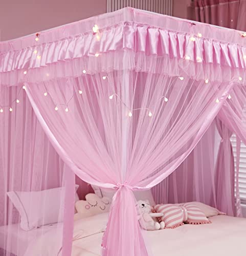 Mengersi 4 Corners Post Canopy Bed Curtains for Girls Full Size - Royal Luxurious Cozy Drape Canopy Bed Frames Netting for Kids Adults- Cute Princess Bedroom Decoration (Pink)