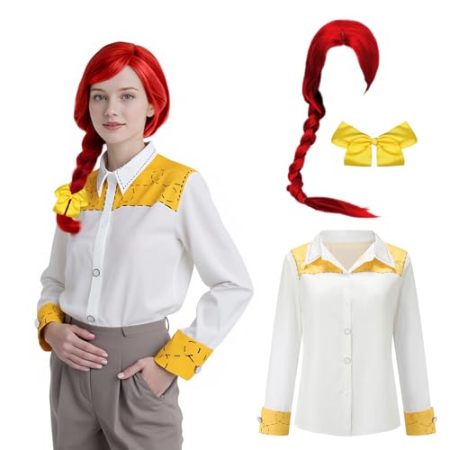 Halloween Cowgirl Jessie Costumes for Women Adult Button Cowgirl Shirt Red Wig Bow Hair Clip Cosplay Casual Costume (XXL)