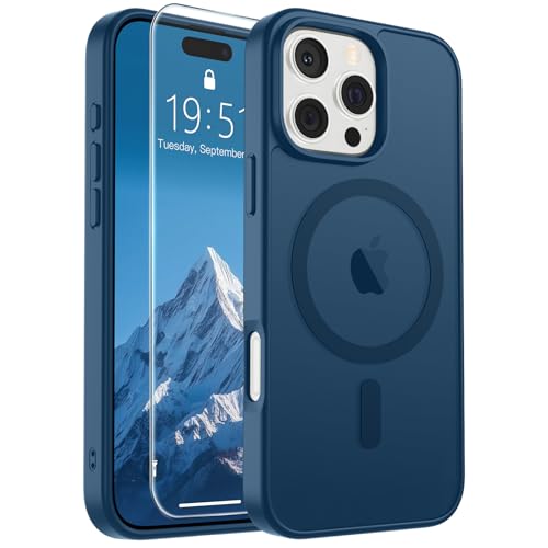 Image of SUPFINE Magnetic for iPhone 16 Pro Max Case with Screen Protector (Compatible with MagSafe) (Military Grade Drop Protection) Translucent Matte Shockproof with Anti-Fingerprint Phone Case,Deep Blue