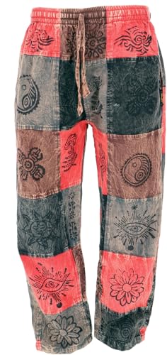 GURU SHOP Patchwork Stonewash Yogahose, Unisex Goa Baumwoll Hose - Rot, Herren, Size:XXL
