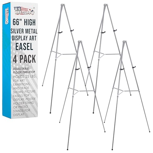 U.S. Art Supply 66" High Gallery Silver Aluminum Display Easel and Presentation Stand (Pack of 4) - Large Adjustable Height Portable Floor and Tabletop Tripod, Holds 25 lbs, Paintings, Signs, Posters