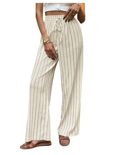 Women's Striped Straight Leg Pants Drawstring High Waisted Vacation Trouers Casual Lounge Pants