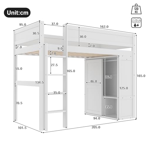 Miniatura 2 de Fayicic Cama Alta De 90 X 200 Cm, Cama Infantil Versátil, Equipada Con Armario, Compartimento De Almacenamiento, Espacio Bajo La Cama Abierta, Sin Colchón, Madera De Pino, Color Blanco