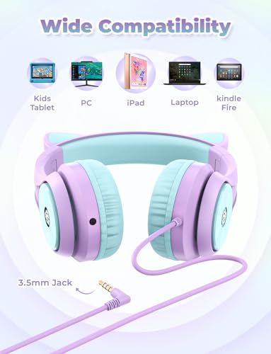 Image of iClever Kids Headphones for Girls Gift Over Ear Headphones, Wired Cat Ear Led Light Up Children Headphone, 85dB Volume Limited Foldable Earphones for Kids School, Travel, Music