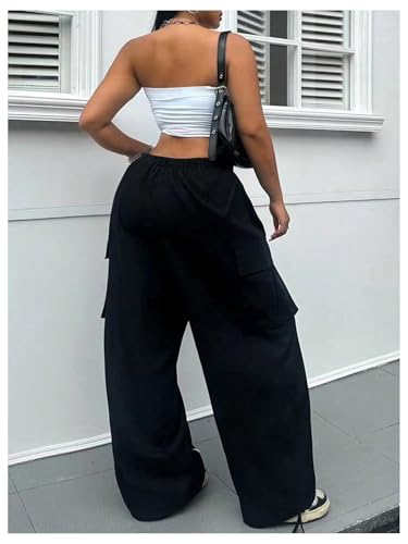 GORGLITTER Women's Plus Size Flap Pocket Cargo Pants Drawstring High Waisted Baggy Parachute Pants2