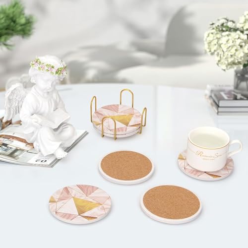 Image of Modern Wood Coasters with Holder Absorbent Drink Coaster Set of 6 Pink Golden Wood Cup Coasters Gift Decorative Coffee Table Coasters Cute Bar Coaster Beverages Tea Cork Coasters