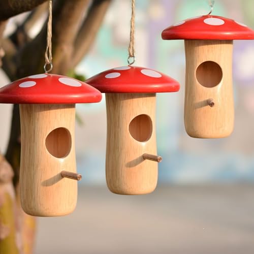 野鳥の巣箱 鳥の巣箱 鳥小屋 3個入り アールデコ調木製バードハウス キノコ型吊り下げ巣箱 ハチドリ用 防風雨 魅力的 電気不要 庭や裏庭用