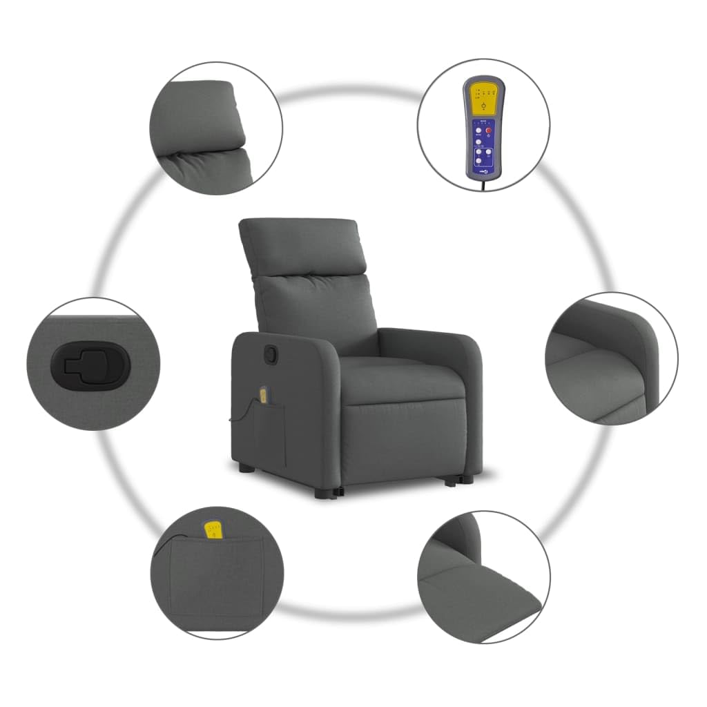 IKAYAA Sillón Reclinable de Masaje Con Función Auto-Ayuda (Levanta Personas), Relax Eléctrico, Tela, Gris Oscuro