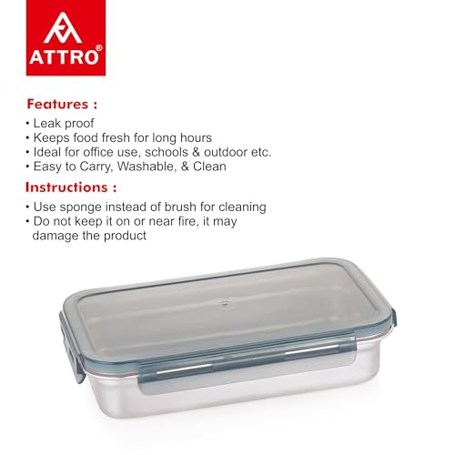 Image of Attro Steelox Rectangle Stainless Steel Container with Plastic Seal Lid BPA Free Food Grade Leak-Proof Ideal for School, Office & Outdoor Lunch Pack - 560ml Grey