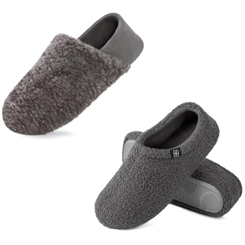 HomeTop Women's Set of 2 Pairs - Curly Teddy Fur Slippers (Size 7-8, Dark Grey) - Plush Collapsible Microsuede Heel Slippers (Size 7-8, Grey)
