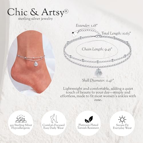 Image of CHIC & ARTSY 925 Sterling Silver Ankle Bracelets for Women, Adjustable Layered Foot Chains with Nature & Symbol Charms, Lightweight Comfort Fit Boho Beach Everyday Jewelry