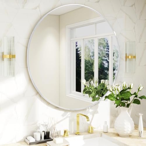 Image of Round Wall Mirror with Durable Wooden Frame - 24 inch (White) | Modern Decorative Wall Hanging Mirror for Bathroom, Bedroom, Basin, Dressing Table, Entryway & Home Interior Decor