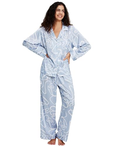 Image of YiNi LuLu Womens Silk Satin Pajamas Set Button Down 2 Piece Pjs Long Sleeve Oversized Sleepwear with Pockets