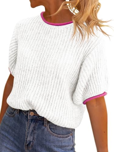 Image of Saodimallsu Womens Puff Short Sleeve Sweater Tops Spring Summer Color Block Ribbed Knit Crew Neck Going Out Shirts