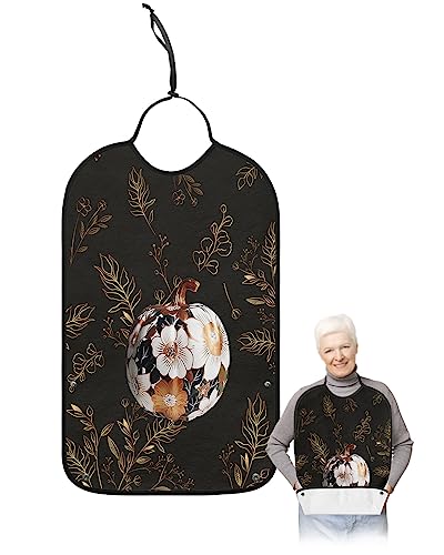 Pumpkins Black Adult Bib for Eating with Crumb Catcher,Washable & Waterproof Terry Cloth Adjustable Elderly Women Men Adult Bibs Funny Clothing Protector Luxurious Elegant Thanksgiving Fall Leaves